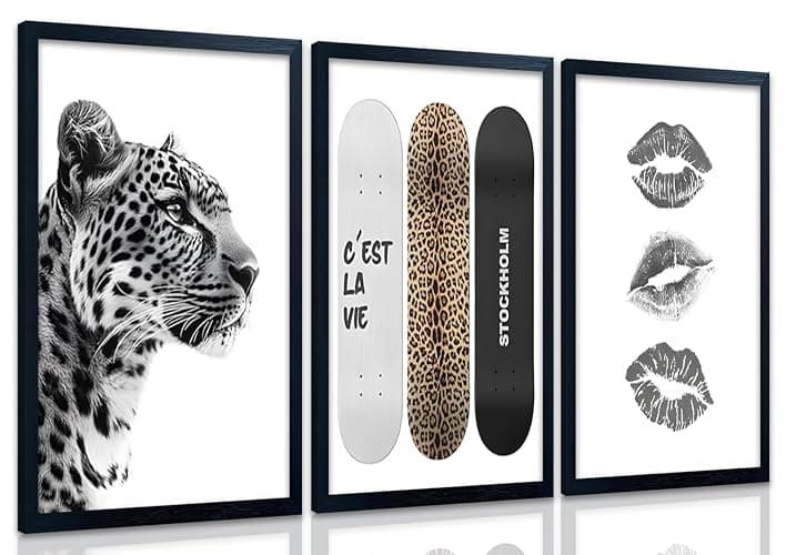 Framed Stockholm Style Canvas Wall Art Set of 3 Black and White Fashion Leopard Print Lips, Preppy Room Aesthetic Cheetah Wall Decor for Girls Bedroom Apartment or Dorm12x16 Inch Black Wood Frame - Image 1