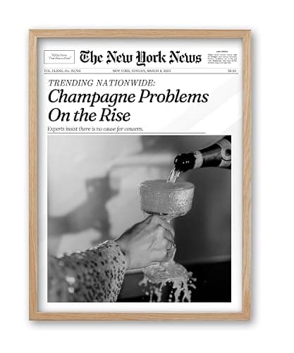 iHery Champagne Problems On the Rise Newspaper Headline Framed Wall Art, Natural OAK Wood Trendy 12x16 in Canvas Wall Art Décor For Bedroom Living Room Bathroom Set of 1 - Image 1