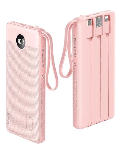 VRURC Portable Charger Power Bank, 10000mAh Travel Essentials Battery Pack, 5 Outputs 2 Inputs Slim Charging Bank Built-in Cables Cords Wires Compatible with iPhone,Samsung,Android-Pink(1 Pack) - Image 1