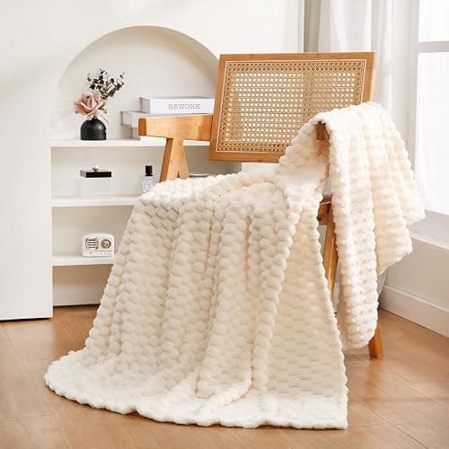 Cream White Throw Blanket 50"×60" inches Fuzzy 3D Jacquard Decorative Flannel Fleece Super Soft Plush Cozy Blanket for Couch Sofa Chair Lightweight - Image 1