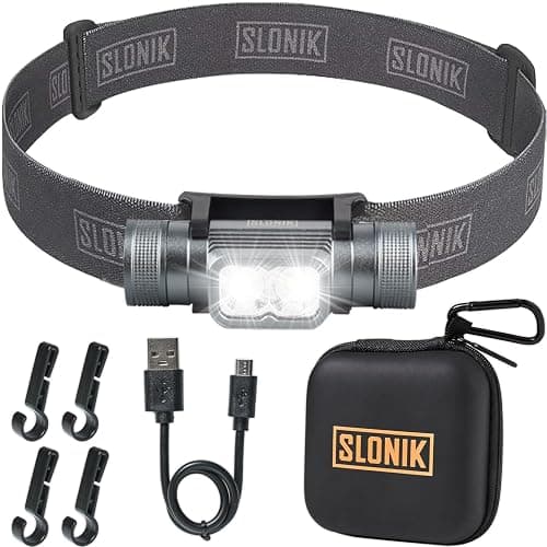 SLONIK Rechargeable Headlamp for Adults - 1000 Lumens Super Bright 60 ft Beam LED Flashlight - Lightweight, Heavy-Duty, IPX4 Waterproof Hard Hat Light - Camping Gear, Running Headlight, Gray - Image 1