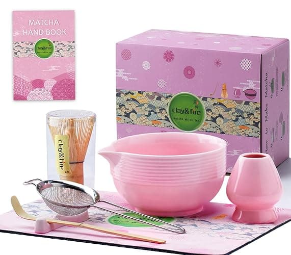 Clay&Fire Matcha Whisk Set, Ceramic Matcha Set, Matcha Bowl with Spout and Whisk, 8 pcs Matcha Tea Kit for Matcha Lovers, Ideal Gift Christmas, Birthday (Pink) - Image 1