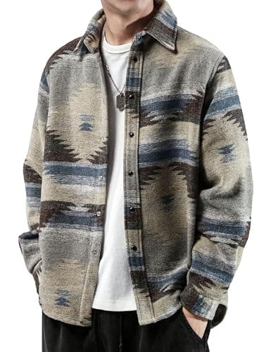 FindThy Men’s Brushed Flannel Shirts Ethnic Aztec Print Button Up Lapel Tribal Shirt Jacket Shacket - Image 1