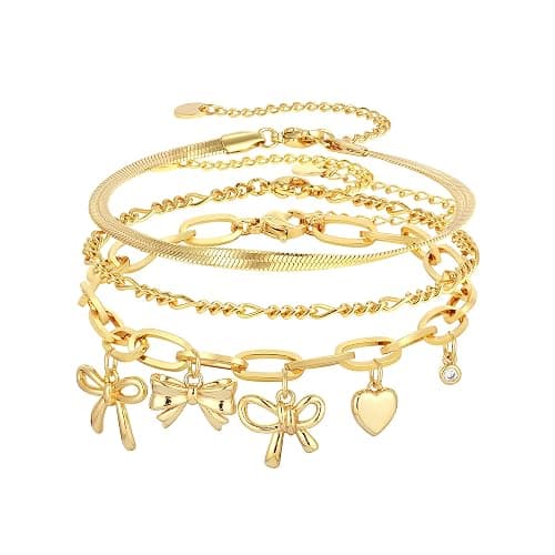 Maxcate 3PCS Charm Gold Bracelets for Women Non Tarnish,14k Plated Gold Bracelet Stack Cute Dainty Stackable Trendy Bow Cross Clover Bracelets Set Tarnish Free Gold Jewelry for Women Gifts - Image 1