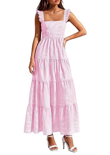 PRETTYGARDEN Womens 2026 Summer Casual Maxi Dresses Striped Square Neck Sleeveless Boho Flowy Sundress Beach Vacation Clothes - Image 1