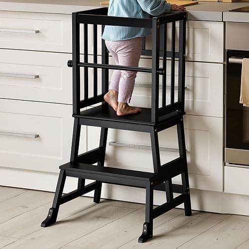 COSYLAND Kids Kitchen Step Stool Helper Baby and Toddler Multi-Function Step up Nursery Helper Stand with Safety Rail in Natural Bamboo, Strong and Lightweight 1.5-3 Years (Black) - Image 1