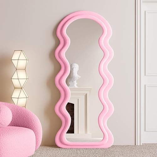 BOJOY Full Length Mirror 63"x24", Irregular Wavy Mirror, Wave Arched Floor Mirror, Wall Mirror Standing Hanging or Leaning Against Wall for Bedroom, Flannel Wrapped Wooden Frame Mirror-Pink - Image 1