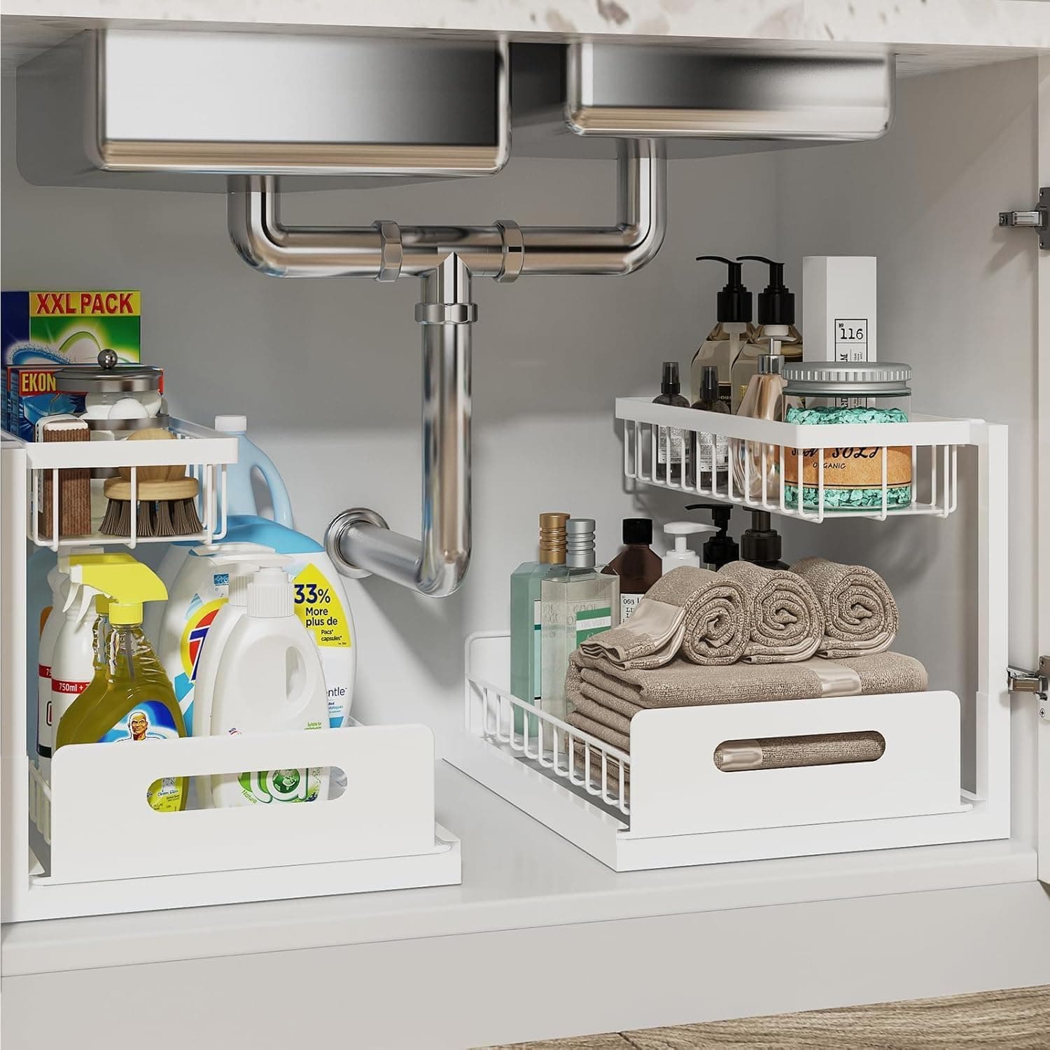 Under Sink Organizer, 2 Tier Slide Out Cabinet Storage Shelves, Multi-Purpose Metal Oragnizer for Home,Kitchen,Bathroom (White) - Image 1