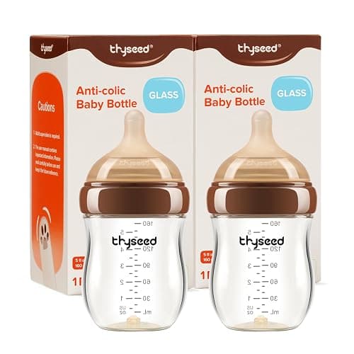 Thyseed Anti-Colic Glass Baby Bottle for Breastfed Infants, Natural Feeding, Breast-Like Newborn Slow Flow Nipple (1m+), 5 oz, 2 Pack - Image 1