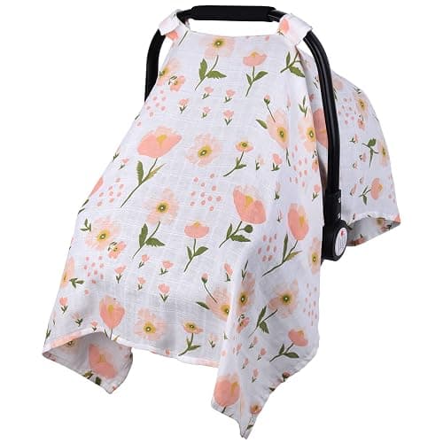 Muslin Car Seat Cover for Babies, Metplus Breathable Infant Carseat Cover Lightweight Baby Carrier Cover for Girls Boys, Fit Spring Summer/Hot Days/Warm Weather, Pink Floral - Image 1