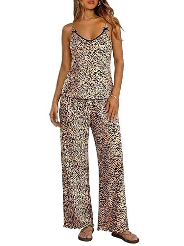 Ekouaer Womens Y2K Cami Pajama Set with Flare Pants, 2 Piece Lace Trim Sleepwear Spaghetti Strap Pjs Set XS-2XL - Image 1
