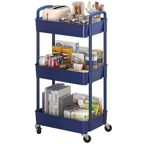 Sywhitta 3-Tier Plastic Rolling Utility Cart with Handle, Multi-Functional Storage Trolley for Office, Living Room, Kitchen, Movable Storage Organizer with Wheels, Blue - 3-tier - Blue - Image 1