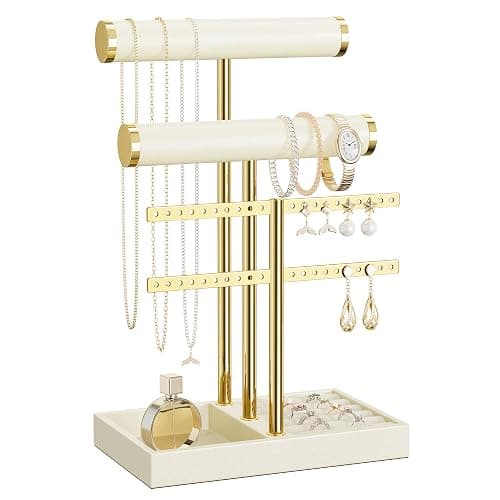 bussdis 3 Tier Bracelet Holder Display - Beige Leather Bracelet Holder, Detachable T Bar Jewelry Holder Organizer for Bracelet, Necklace, Earrings, Rings, Watches, Bangle - Image 1