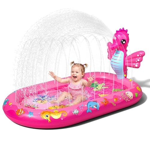 AZDYJL Splash Pad for Toddlers, 3-in-1 Seahorse Inflatable Baby Pool Sprinkler for Kids, Baby Splash Pads Outdoor Play Mat, Backyard Summer Water Toys Birthday Gift for 1+ Year Old Girls Kids - Image 1