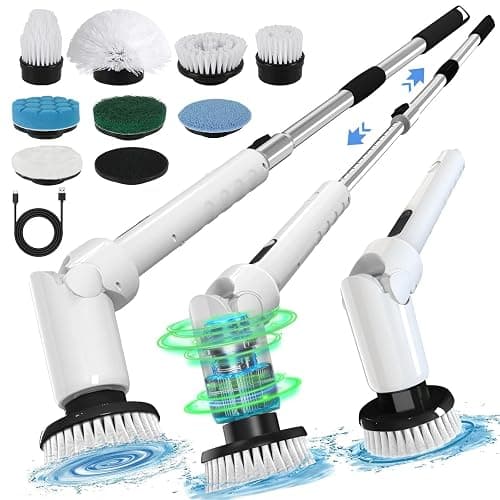 Electric Spin Scrubber - Cordless Cleaning Brush with Digital Display, 2 Speeds, 8 Brush Heads, IPX7 Waterproof, Adjustable Long Handle for Bathroom, Tub, Tile, Shower, and Car - Black - Image 1