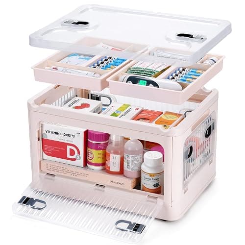 Fivebop 24 QT Medicine Organizer Storage Box with Removable Tray, Extra Large Collapsible First Aid Box Empty, Clear Medicine Container Plastic Medical Supply Organizer with Wheels - Image 1