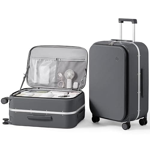 mixi 24 Inch Checked Luggage PC Hard Shell Suitcase Top Opening Aluminum Frame Travel Suitcases with Wheels, Rock Gray - Image 1