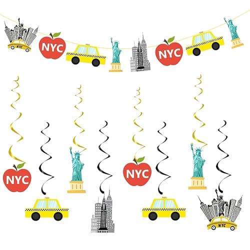 New York Themed Party Decorations | NYC Banner Sign with Hanging Swirls,New York City Theme Birthday Party Decor Supplies - Image 1