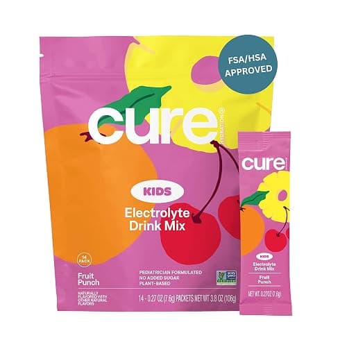 Cure Hydration - Kids Electrolyte Drink Mix | Plant-Based Pediatrician Formulated Rehydration | No Added Sugar, FSA-HSA, Non-GMO, Gluten-Free, No Artificial Flavors | 14 Packets - Fruit Punch - Image 1