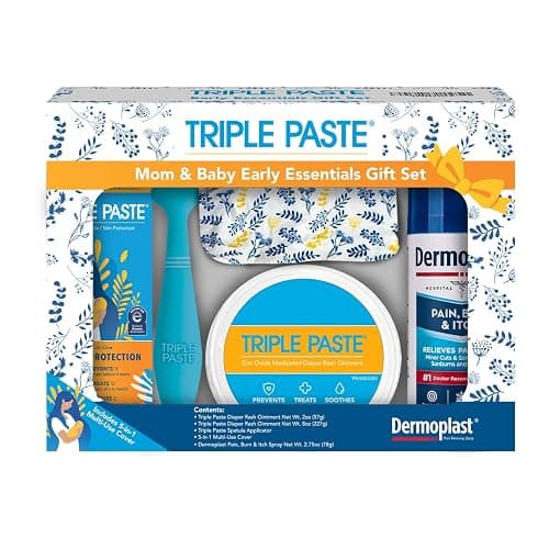 Triple Paste Mom & Baby Early Essentials Gift Set with 5 Items, Diaper Rash Ointment 8oz Jar & 2oz Tube, Spatula Applicator, Dermoplast Spray, and Multi-Use Cover, Shower Gifts for Moms - Image 1