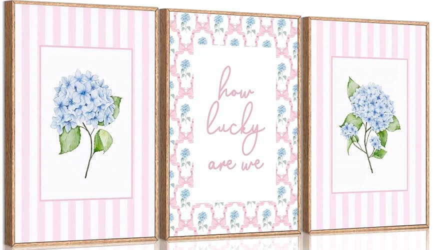 3Pcs Unframed Pink And Blue Hydrangea Wall Art Trendy Preppy Coquette Canvas Posters Prints How Lucky Are We Pictures Wall Decor for Girly Room Bedroom College Apartment Home Decorations(16L"x12W"Poster) - Image 1