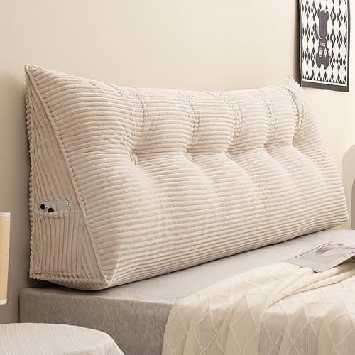 TESICA Twin Wedge Pillow Headboard College Dorm Bed Corduroy Wedge Pillow Backrest Triangular Headboard Pillows with Side Pocket Dorm Bed Headboard Cushion, Cream White - Image 1