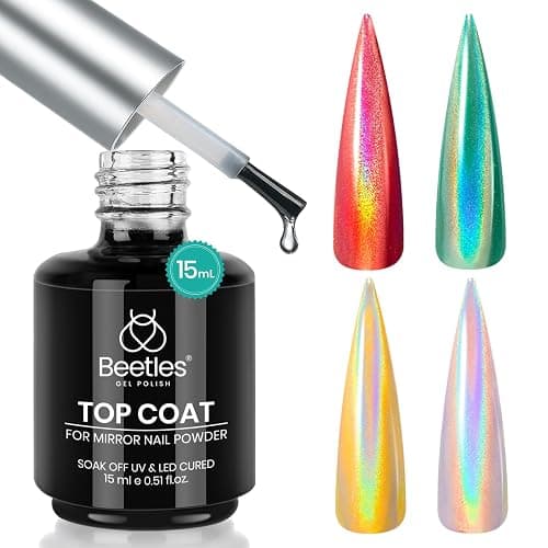 Beetles Gel Top Coat for Chrome Nail Powder: 15ml Mirror Shiny Chrome No Wipe Gloss Top coat Long Lasting Soak Off Nail Lamp for Nail Art Creation - Image 1