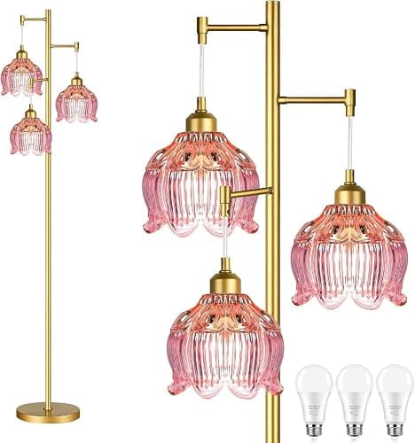 ILLMTW Glass Floor Lamp for Living Room,Bedroom,Gold Flower Mid Century Modern Standing Lamp Brass Tree 3 Light Tall Floor Lamps Vintage Floor Lights Pink Lamp Shade Farmhouse Boho Bohemian - Image 1