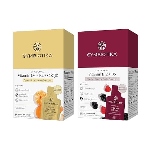 CYMBIOTIKA Liposomal Vitamin B12 + B6 & Vitamin D3 + K2 + CoQ10, Cellular Energy, Joint + Bone, Brain + Heart Health, Nerve Function, Immune Support, High Absorption, 2 x 12 5 mL Liquid Supplements - Image 1