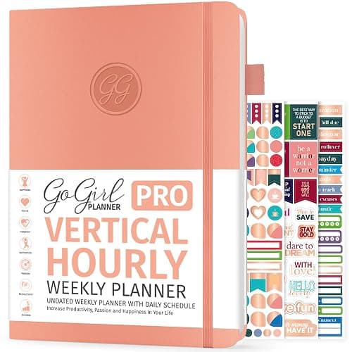 GoGirl Planner PRO Schedule - Undated Planner with Hourly Time Slots, Monthly, Weekly & Daily Organizer, Appointment Book for time Management, 7"x10" Hardcover, Lasts 1 Year - Peach Pink - Image 1