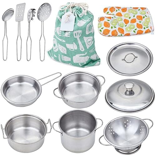 Play Pots and Pans Toys for Kids - Kitchen Playset Pretend Cookware Mini Stainless Steel Cooking Utensils Development Toys for Toddlers & Children Ages 3 Years and up - Image 1
