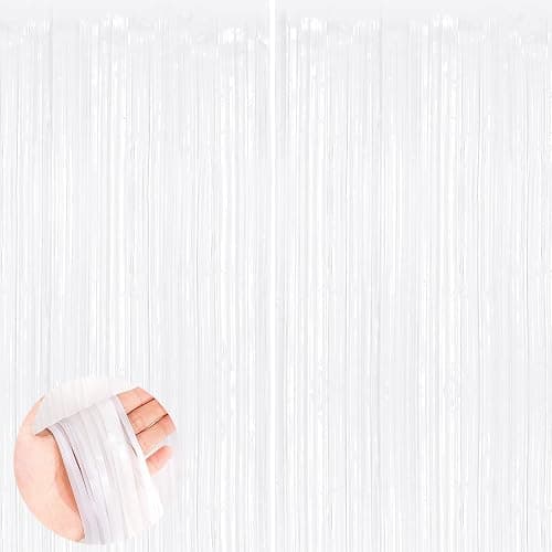 UWPVOWSR White Fringe Curtain Party Streamers 2Pack 3.3 x 8.3 Ft Foil Fringe Backdrop Curtains for Birthday Wedding Bridal Baby Shower, Holiday Tinsel Streamers White Party Decorations Door Streamers - Image 1