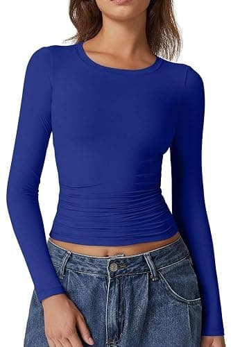 QINSEN Womens Crewneck Long Sleeve Shirt Double Lined Basic Tees Side Ruched Going Out Crop Tops - Image 1