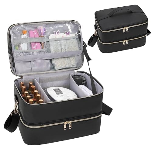 Nail Polish Organizer Bag Holds 50+ Bottles (15ml/0.5 fl.oz) &UV Nail Lamp | Portable Durable Gel Polish Travel Case Bag for Nail Suppiles, Gifts for Women, Manicurist Nail Kit Bag, PU Leather Black - Image 1