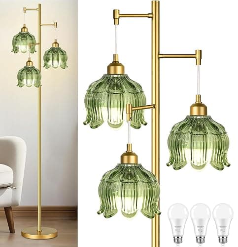 Vintage Floor Lamps for Living Room Bedroom-3 Light Glass Floor Lamp with Three Led Bulb, Flower Tall Floor Lamp Gold Mid Century Modern Standing Lamp Tree Floor Lamps for Living Room Bedroom Corner - Image 1