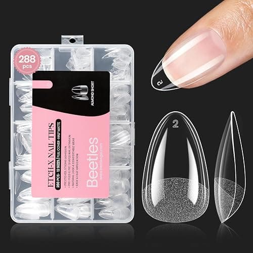 Beetles Gel Nail Tips Etch-X, Almond Short Fake Nails, 288pcs 12 Sizes, Press on Pre-Etched Half Matte Full Cover Acrylic False Nail Tips Almond Shape Nail Supplies Easy DIY Extension Gift for Women - Image 1