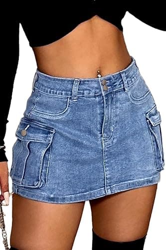 ELLEVEN High Stretchy Denim Cargo Skort for Women, High Waist, Casual Mini Y2K Jean Skirt Shorts with Pockets - Image 1