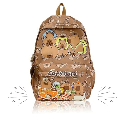 Syylqyr Capybara Bag, Capybara Backpack School Bags for Girls, Girls Rucksack Kawaii Backpack Brown Cartoon Animal School Backpack, Large Capacity Student Bookbag with Adorable Design for Kids - Image 1