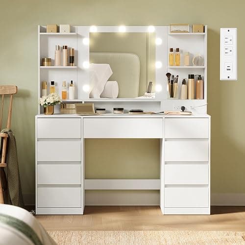 VASAGLE Kailyn Collection - Vanity Desk with Mirror and 9 LED Bulbs, Vanity Makeup Table with Power Outlets, Dressing Table with 9 Drawers, for Bedroom, Cloud White URDT141WB01S - Image 1