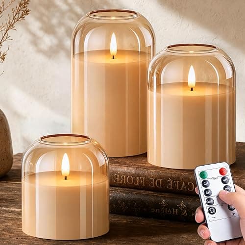 ARIKJ Fall Decor, Fall Decoration for Home, Amber Glass Flameless Candles with Remote,3-Pack LED Pillar Candles for Classy Autumn Decor, Thanksgiving Centerpiece, Boho Shelf, Mantel & Coffee Table - Image 1