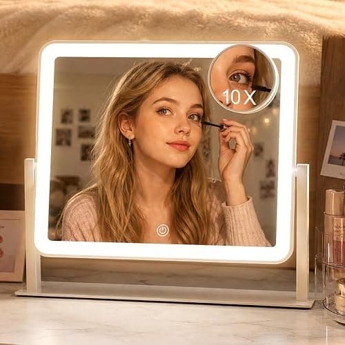 11.8"x 9.8" Rechargeable Vanity Mirror with Lights for Girls Dorm Room | Detachable 10X Magnification, Touch Control, 3 Colors, Adjustable Brightness, 360° Rotating, College Desk Makeup LED Mirror - Image 1