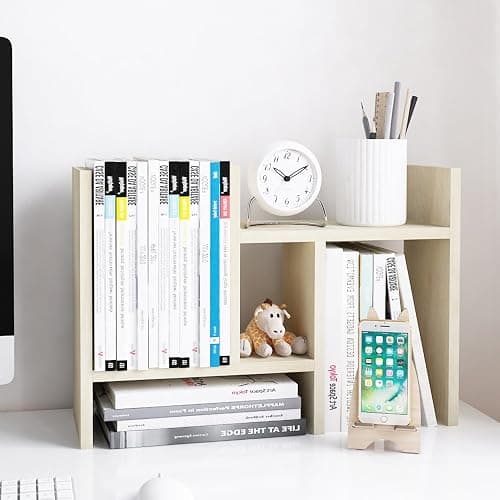 Jerry & Maggie Desktop Organizer Office Storage Rack Adjustable Wood Display Shelf Free Style Double H Display True Natural Stand Shelf, White Wood Tone - White Wood Tone - Image 1