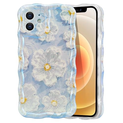 EYZUTAK Case for iPhone 12, Colorful Retro Oil Painting Flower Laser Glossy Pattern Cute Curly Wave Border Exquisite Phone Cover Stylish Durable TPU Protective Case for Girls Women - Light Blue - Image 1