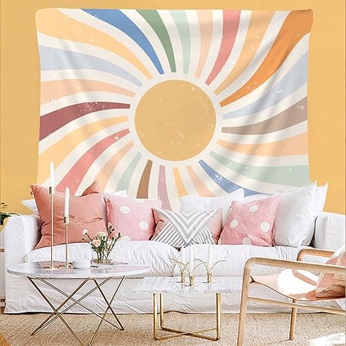 MOSITU Vintage Sun Wall Tapestry Rainbow Sunrise Wall Hanging Boho Tapestry Wall Decor Sunset Abstract Wall Print Boho Hippie shining sun Wall Decor For Living Room Nursery Bedroom (47.2x59inch) - Vintage Sun - Image 1