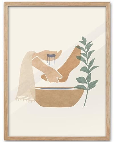 KensTro 12x16 Oak Framed Jesus Washing Feet Boho Christian Wall Art | Natural Oak Wood Frame with Minimalist Foot-Washing Scene, Neutral Faith Decor for Living Room, Bedroom or Prayer Space - Image 1
