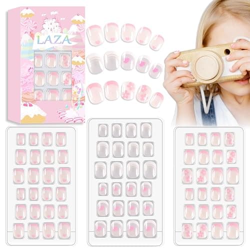 Laza 72pcs Children Nails Press On Pre-glue Full Cover White Pink Heart Flower Short False Nail Kits for Kids Teenager Girls - French Manicure - French Manicure - Image 1