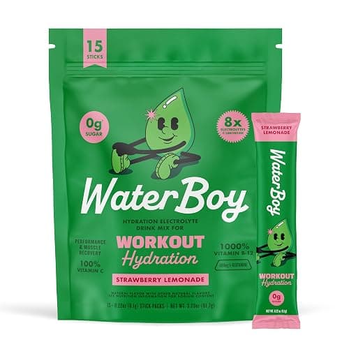 Waterboy Workout Hydration | 2,960mg Sugar Free Electrolyte Powder Packets | L-Glutamine + Vitamins | No Sugar, All Natural, Gluten Free | 15 Drink Stick Mixes (Strawberry Lemonade) - Image 1