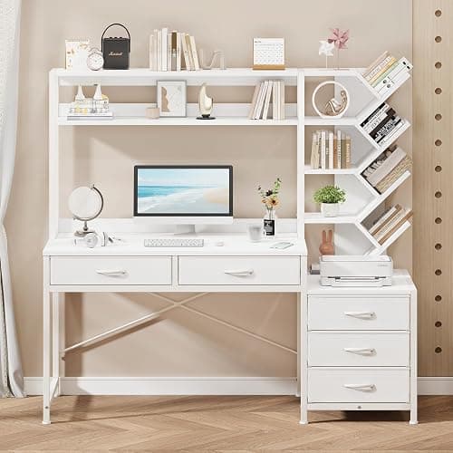 YOMILUVE Reversible Computer Desk with Hutch, Home Office Desk with 5 Drawers and Bookshelf, 52'' Study Writing Desk with Storage Shelves for Bedroom Home Office, White - Image 1