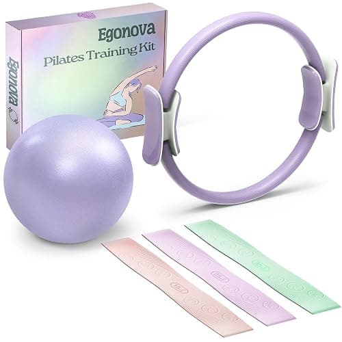 EgoNova Pilates Ring Set: 14-Inch Magic Circle with Dual Padded Handles, Pilates Mini Ball, and Resistance Bands (15, 25, 35 lbs) for Strength, Flexibility, Stability, and Body Toning - Violet - Image 1