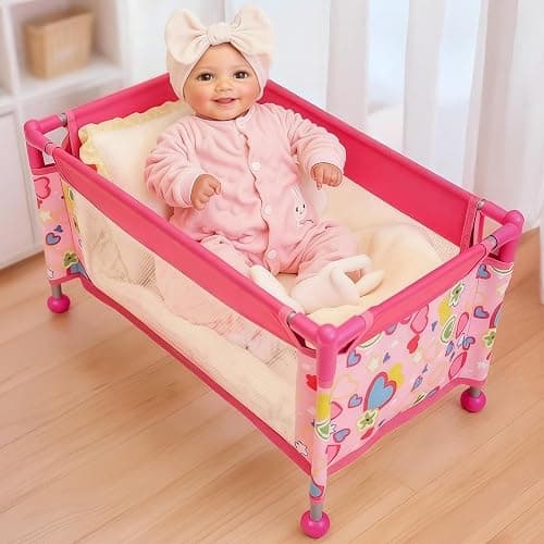 BABESIDE Baby Doll Crib for 18 Inch Dolls, Baby Doll Bed with Cute Pink Heart Storage Bag Accessories, Toy Crib Doll Furniture Gift for Girls Age 3+ - Image 1